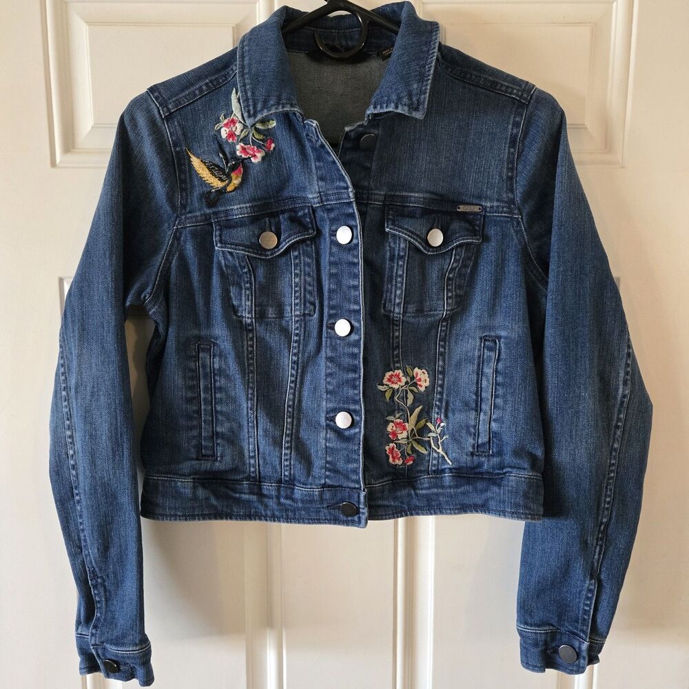 GILI Embroidered Denim Jean Jacket Hummingbird Floral Design Size 2 Vintage Y2K